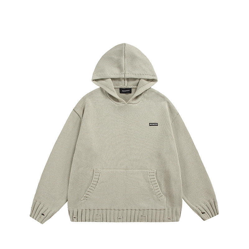 Solid color hooded sweater knitted sweater