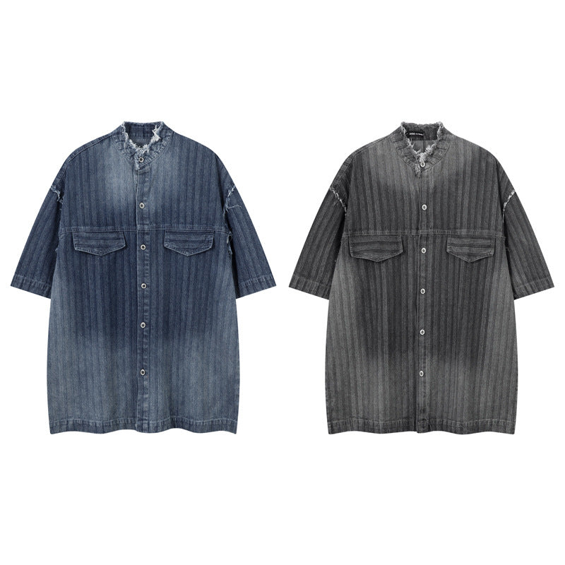 Style High-End Unique Dark Stripe Vintage Denim Shirt Men Short Sleeve Frayed Hem Washed Shirt