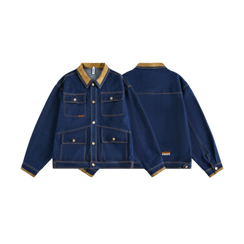 Multi-Pocket Lapel Loose Fit Denim Jacket Men