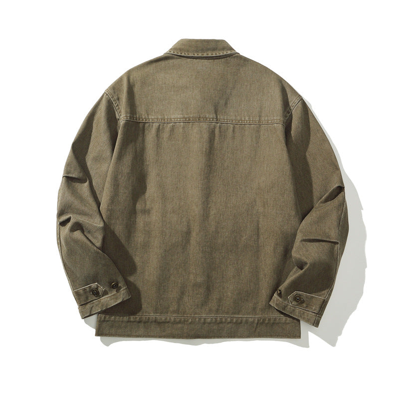 Heavyweight Vintage Workwear Jacket for Men,  Loose Fit, Distressed Washed Denim-Like Coat