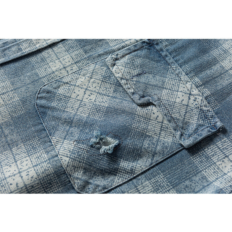 Casual color blocked plaid perforated denim shirt for men