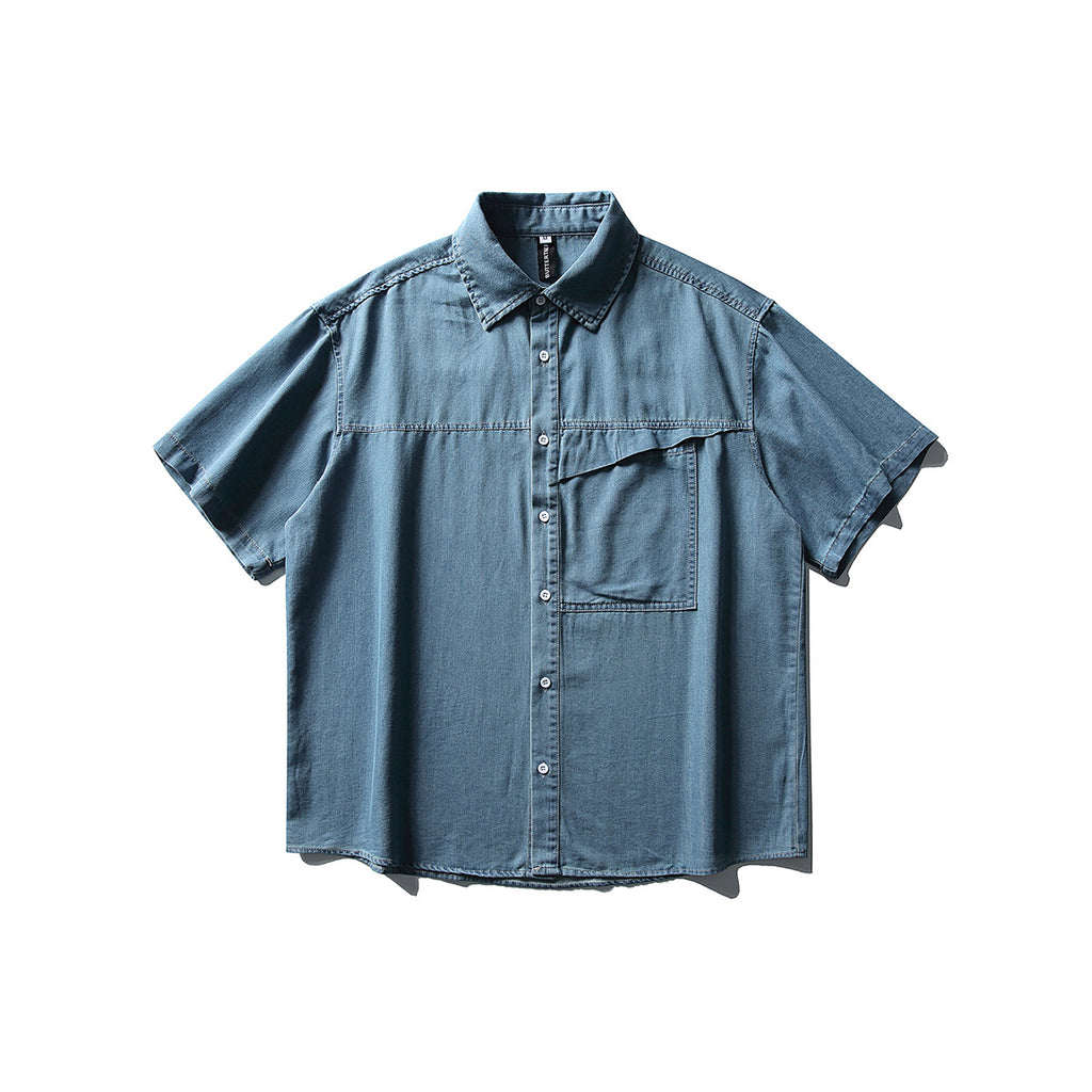 Loose Washed Cotton Short Sleeve Denim Shirt for Men with Pocket Design