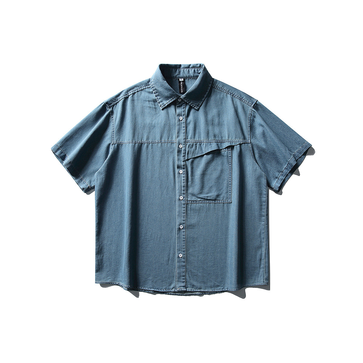 Loose Washed Cotton Short Sleeve Denim Shirt for Men with Pocket Design