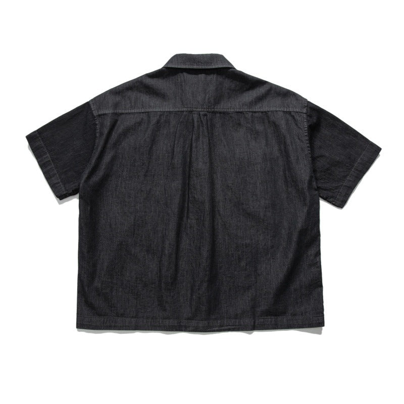 Old patch bag Cuban collar loose workwear denim shirt for men