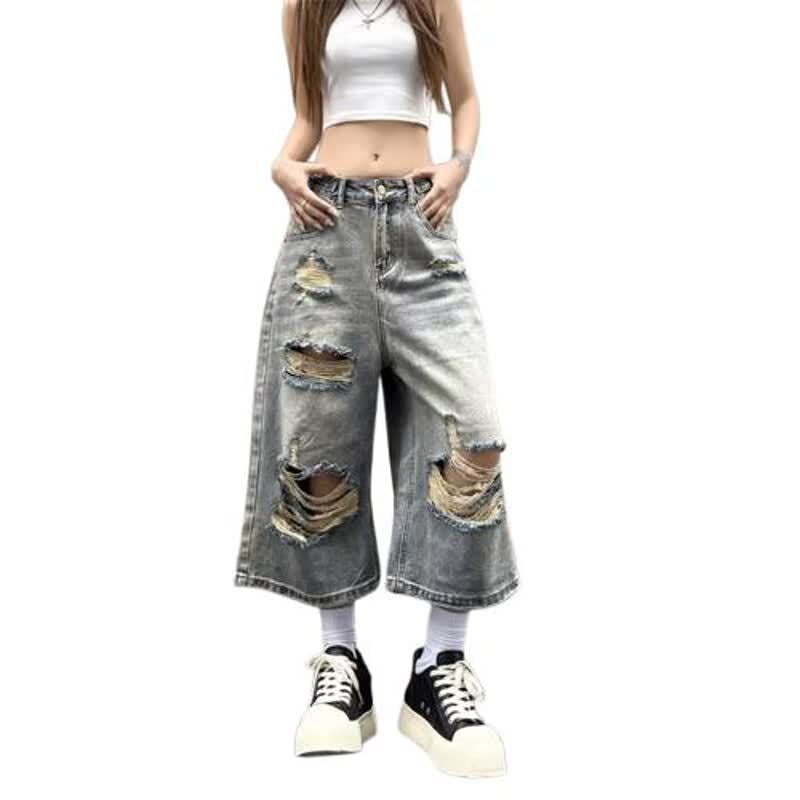 Street ripped wide-leg denim shorts for men and women