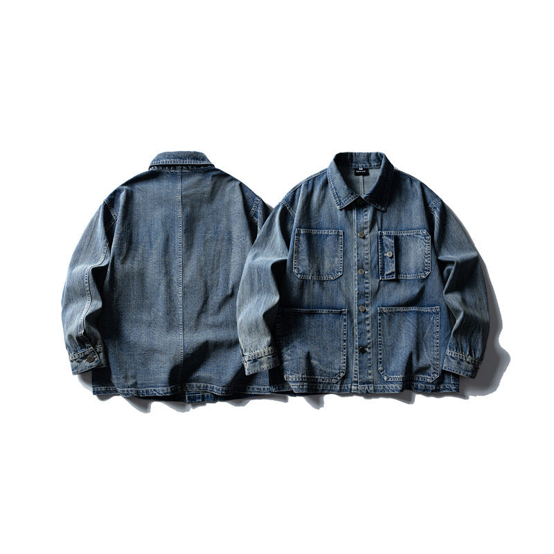 Trendy Washed Old Multi-Pocket Workwear Denim Jacket Men