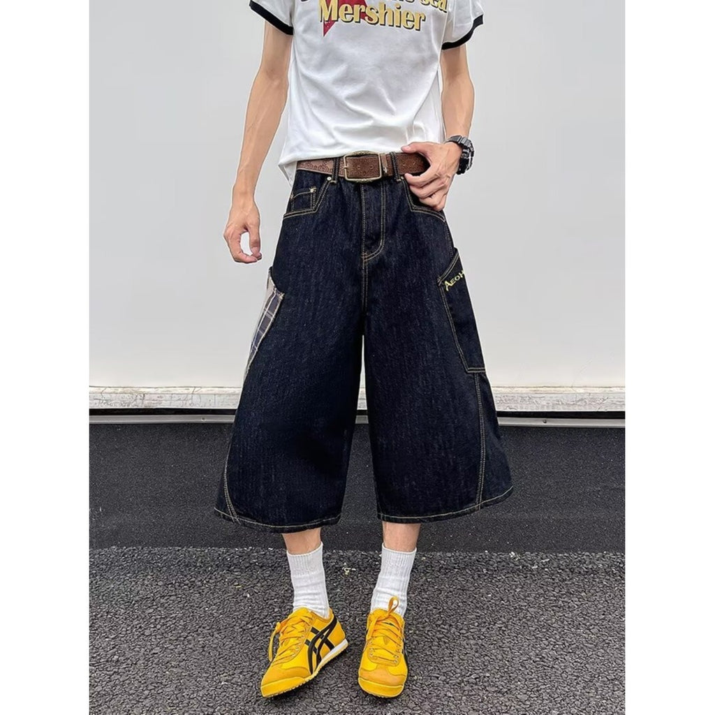 Retro large pocket plaid patchwork denim cropped pants for men