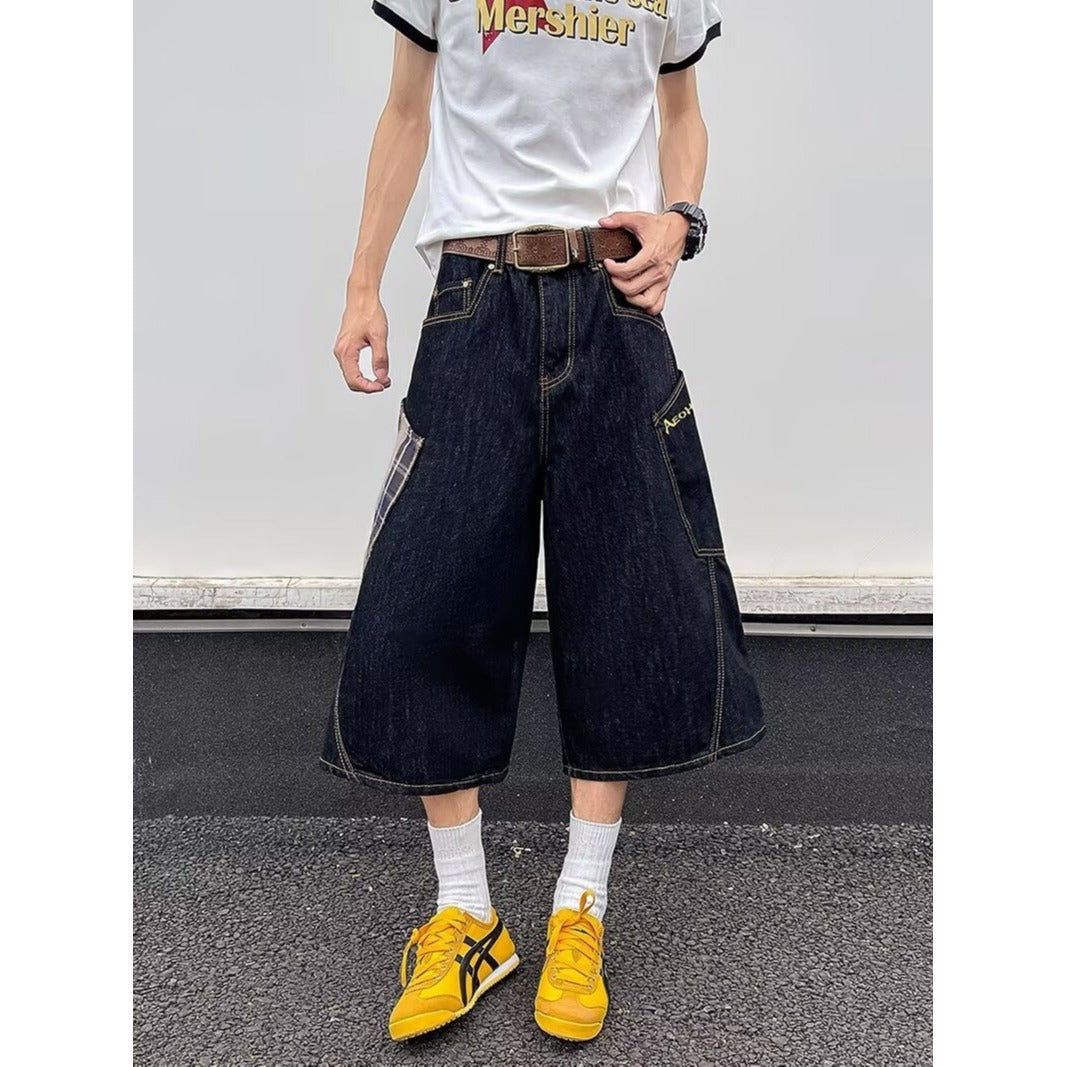 Retro large pocket plaid patchwork denim cropped pants for men
