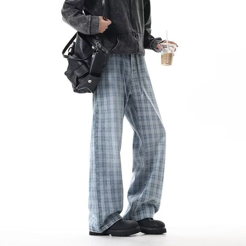 Blue Checkered Denim Pants Men Spring Autumn Lightweight Streetwear Style High-Waisted Casual Flared Bottoms