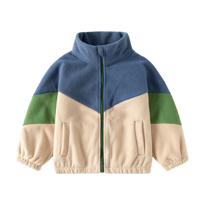 Fleece Jacket for Boys Color-block Casual Outerwear Kids' Warm Coat