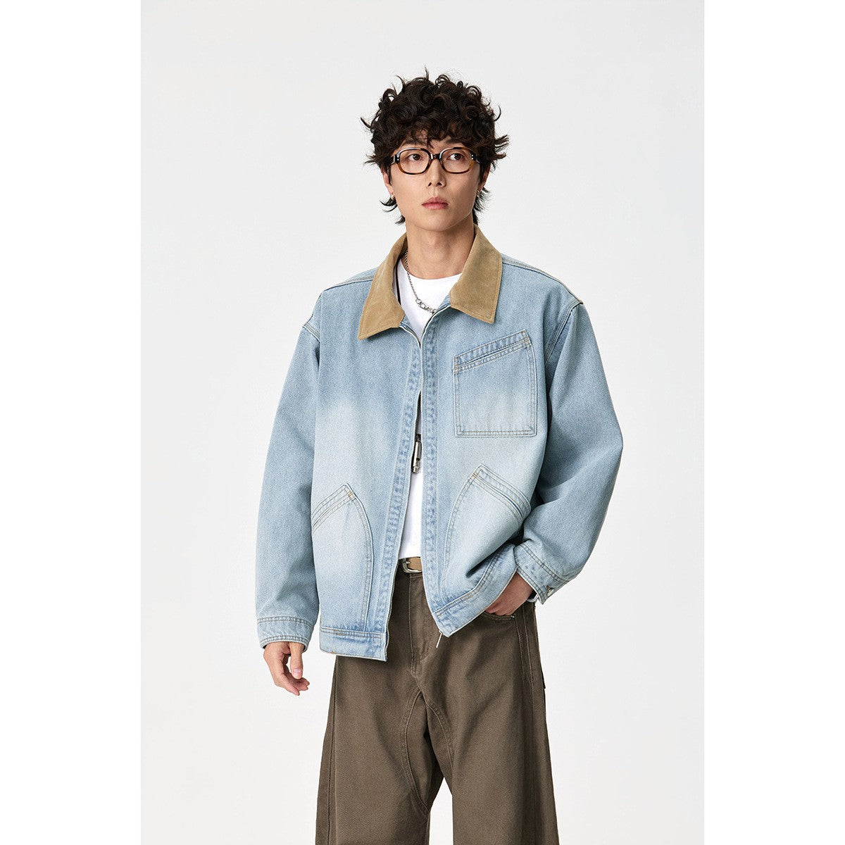 Collar Denim Jacket for Men Casual Washed Ice Blue Denim Coat