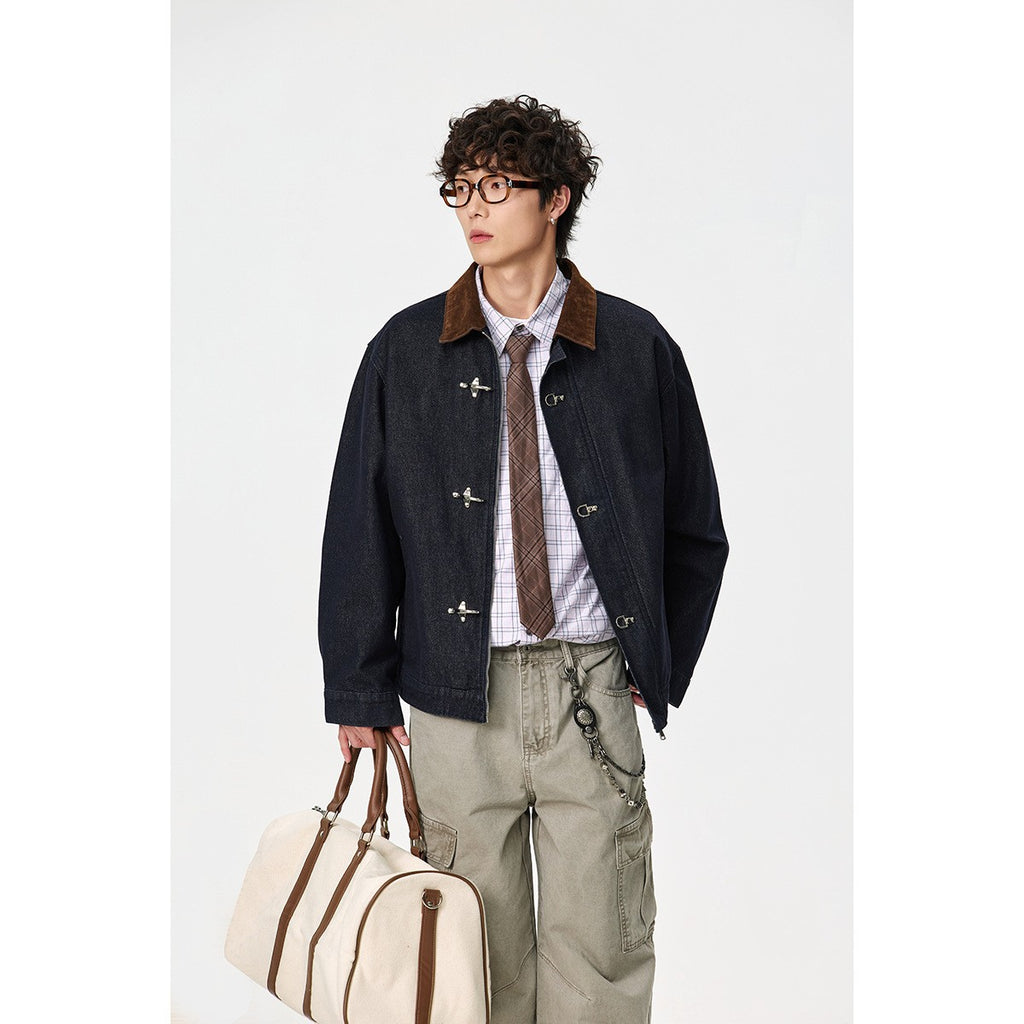 Designer Snap Button Denim Jacket for Men Retro Versatile Blue Denim Coat