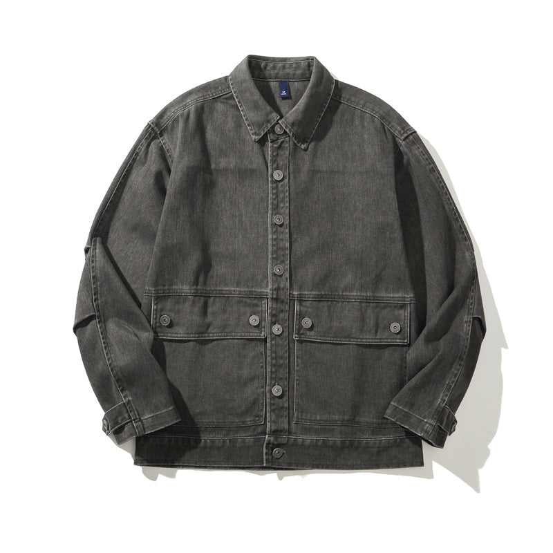 Heavyweight Vintage Workwear Jacket for Men,  Loose Fit, Distressed Washed Denim-Like Coat