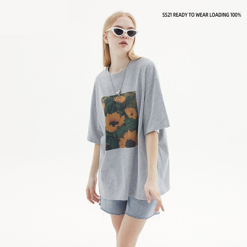 Korean Version Oversize Loose T-Shirt Women's Sunflower Print Couples T-Shirt Summer Ins Trend