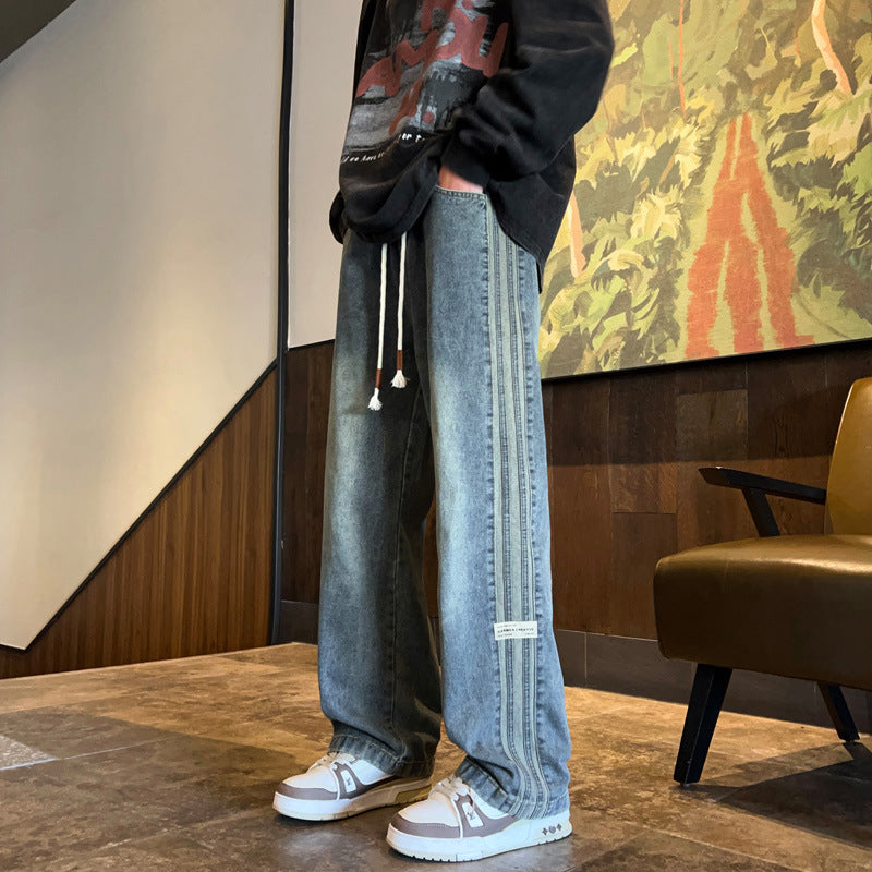 Striped Denim Pants Men Autumn Winter Trendy Style Wide Leg Loose Straight Cut Washed Casual Trousers