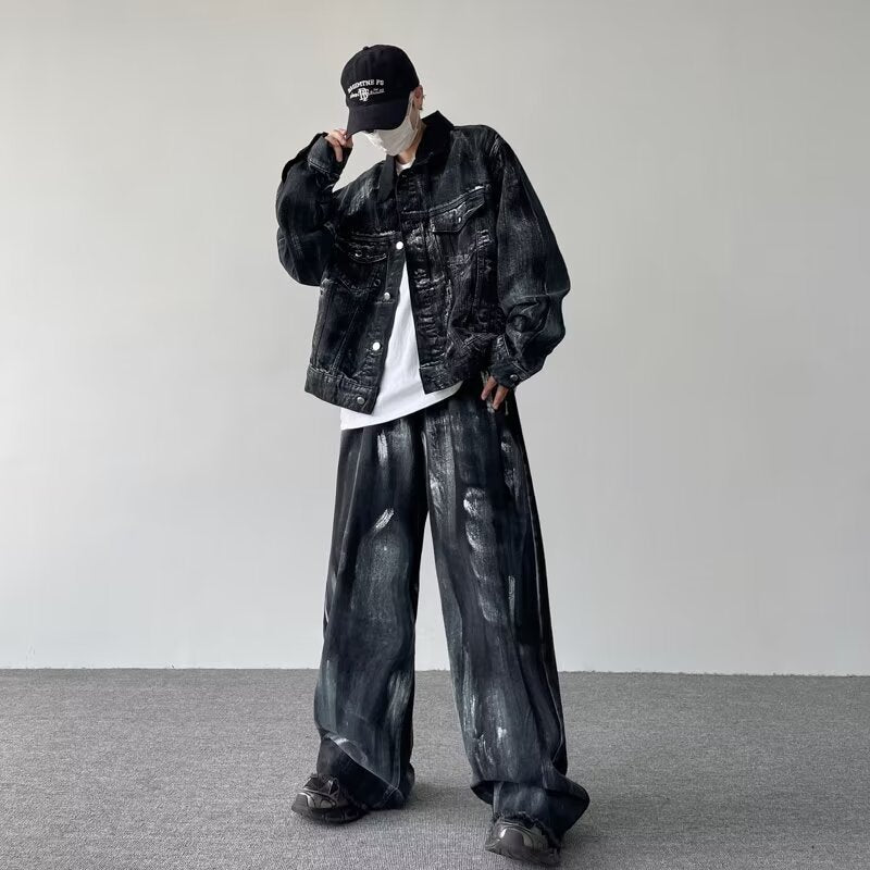 Unique Washed Vintage Denim Splatter Ink Suit Design Loose Jacket Top for Men and Women