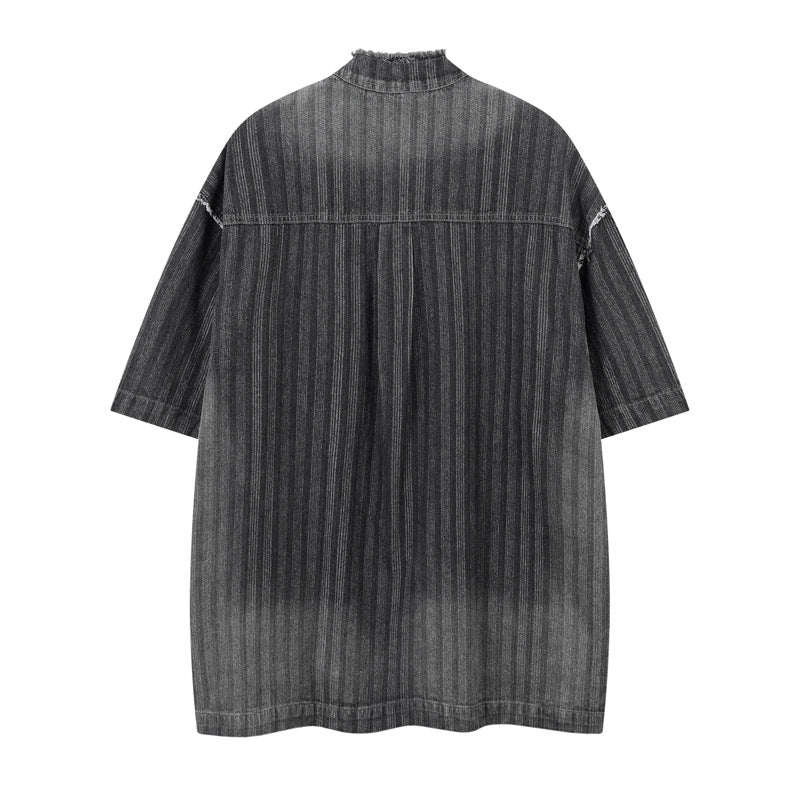 Style High-End Unique Dark Stripe Vintage Denim Shirt Men Short Sleeve Frayed Hem Washed Shirt
