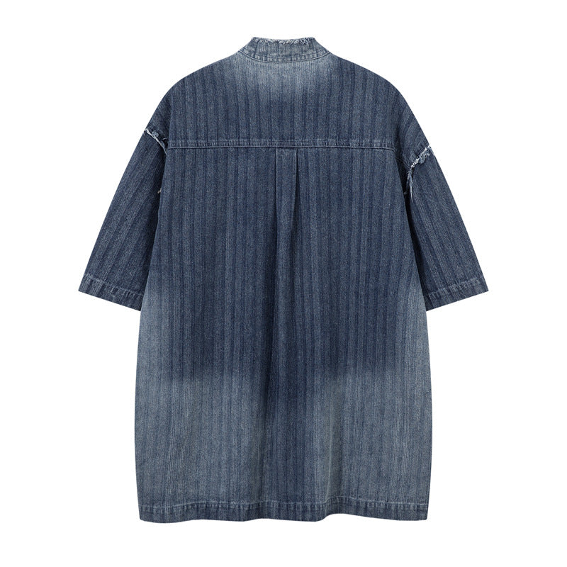 Style High-End Unique Dark Stripe Vintage Denim Shirt Men Short Sleeve Frayed Hem Washed Shirt