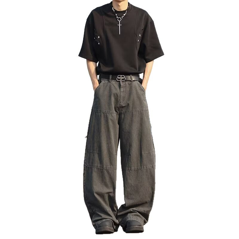 Retro washed workwear curved cut denim jeans for men