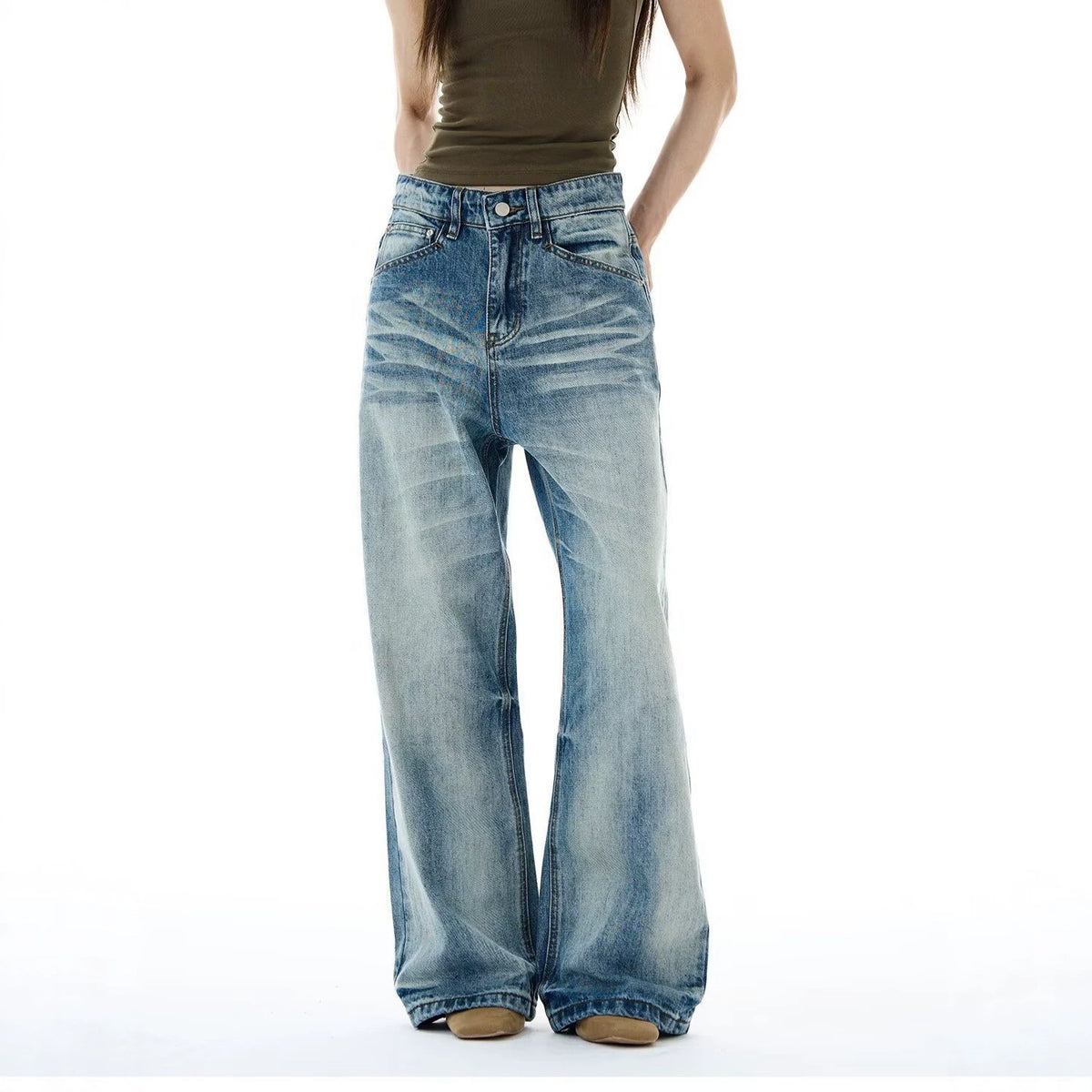 Casual Washed Blue Denim Pants for Men and Women