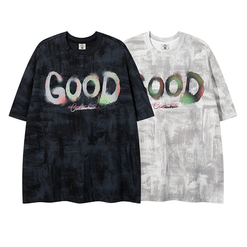 Unique Design Letter Print Crew Neck Short Sleeve T-Shirt Men's Oversize Casual Couple Top