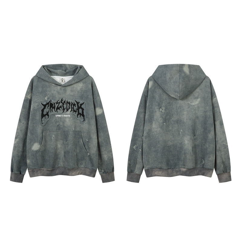 Heavyweight Washed Letter Applique Embroidered Hoodie, Unisex Couple Loose Oversize Casual Top
