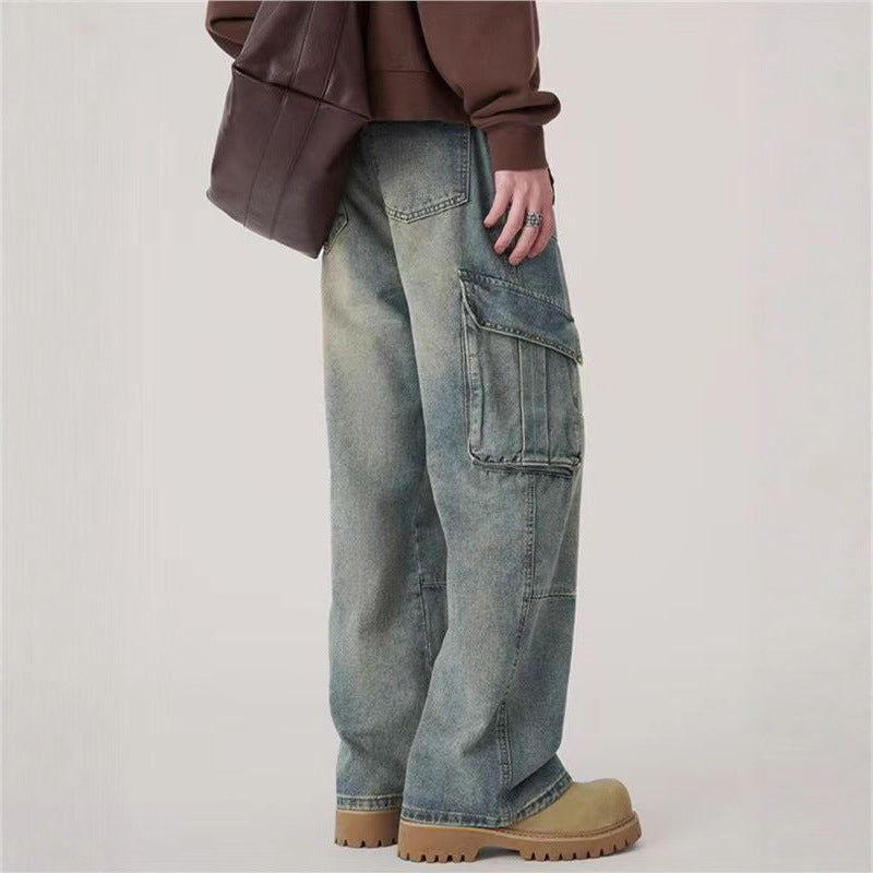 Spring and Autumn Fashion Hip-Hop Loose Fit Cargo Denim Pants for Men, Washed Straight Leg Long Pants