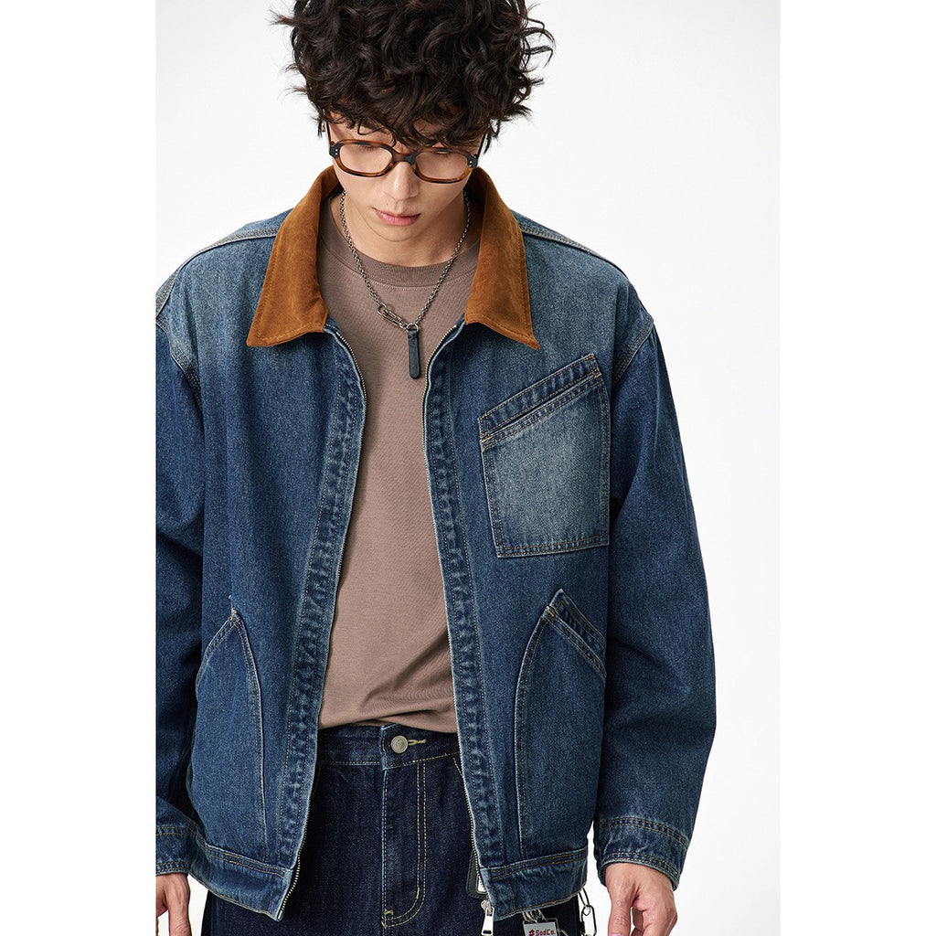 Collar Denim Jacket for Men Casual Washed Ice Blue Denim Coat