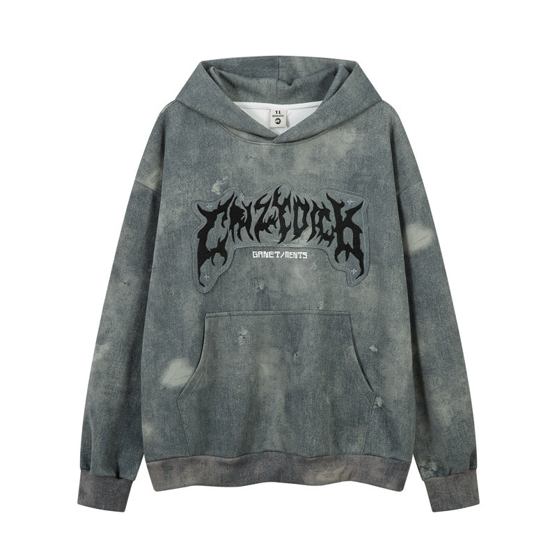 Heavyweight Washed Letter Applique Embroidered Hoodie, Unisex Couple Loose Oversize Casual Top
