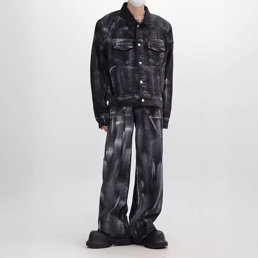 Unique Washed Vintage Denim Splatter Ink Suit Design Loose Jacket Top for Men and Women