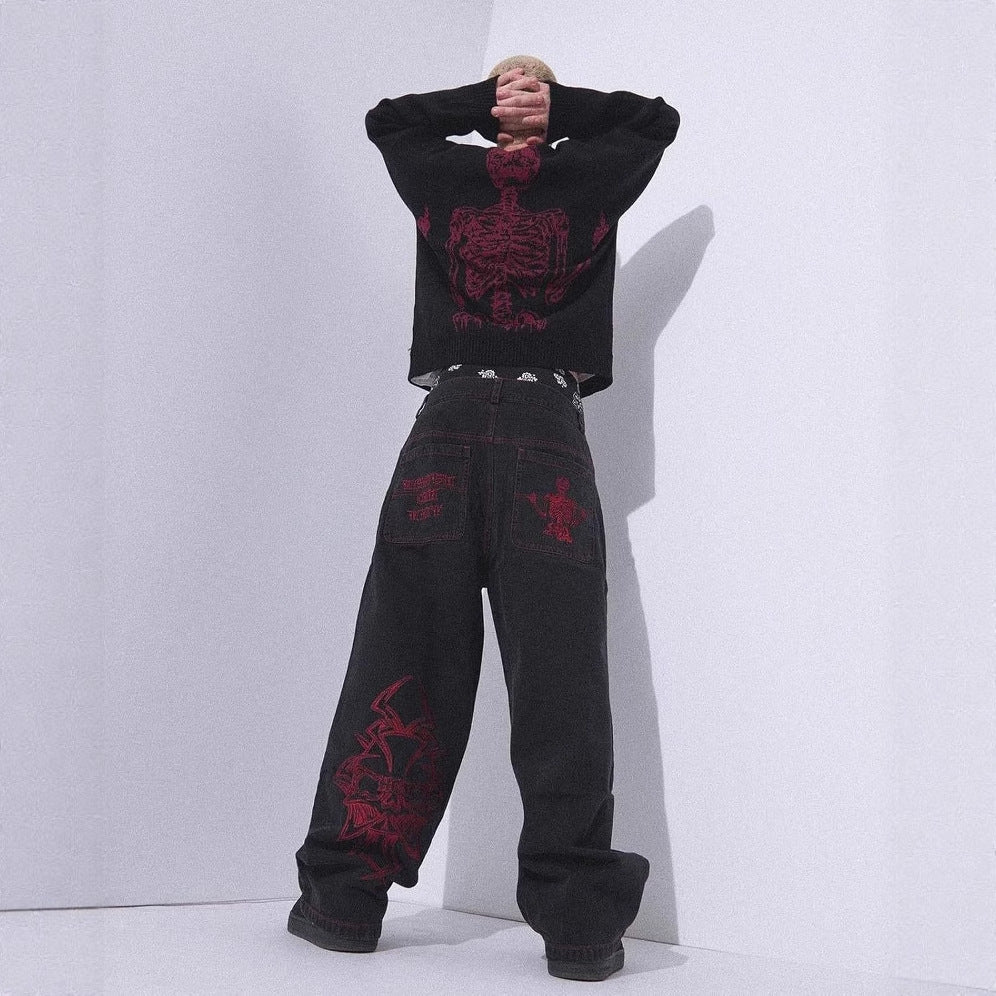 Retro hip-hop goth straight leg loose wide leg skeleton embroidered washed denim jeans for men