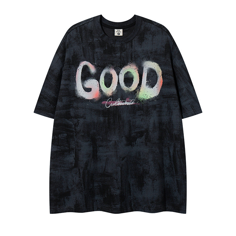 Unique Design Letter Print Crew Neck Short Sleeve T-Shirt Men's Oversize Casual Couple Top