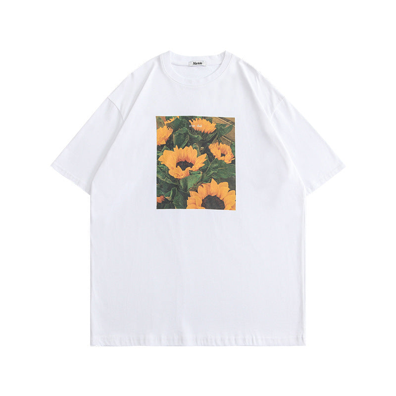 Korean Version Oversize Loose T-Shirt Women's Sunflower Print Couples T-Shirt Summer Ins Trend