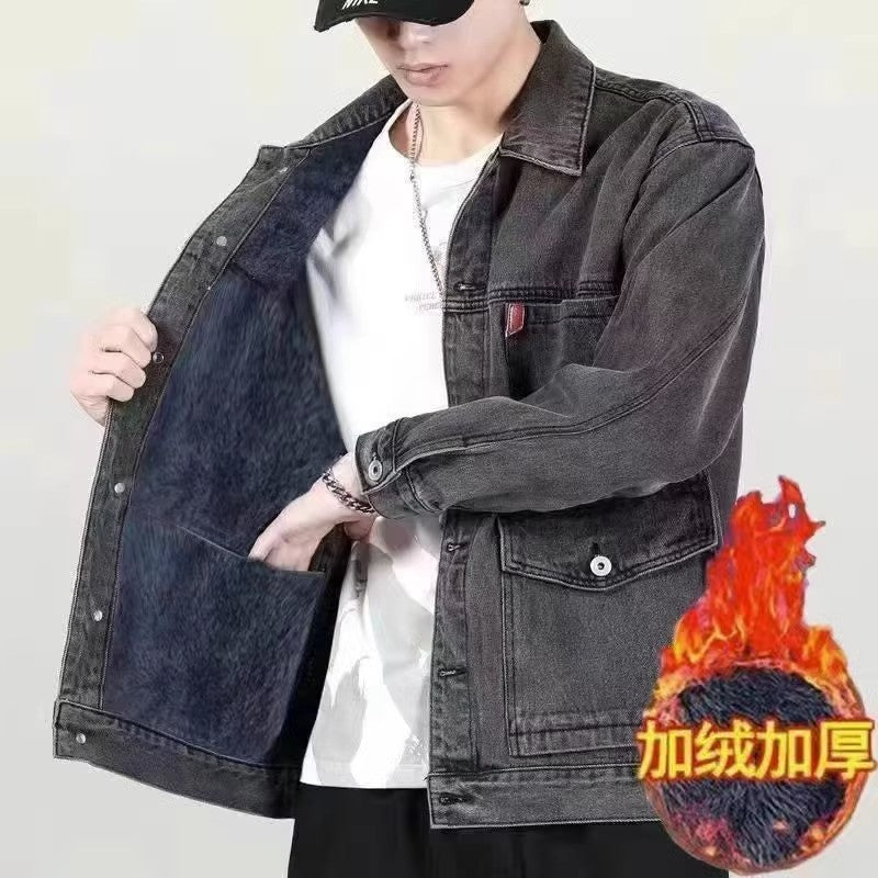 American Style Heavyweight Denim Jacket for Men, Autumn Winter, Warm Lined, Thickened, Loose Fit, Casual Outerwear
