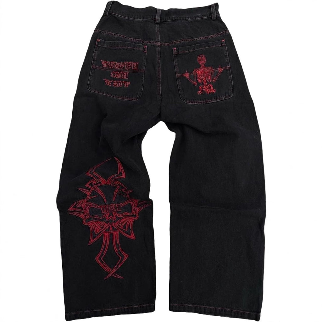 Retro hip-hop goth straight leg loose wide leg skeleton embroidered washed denim jeans for men