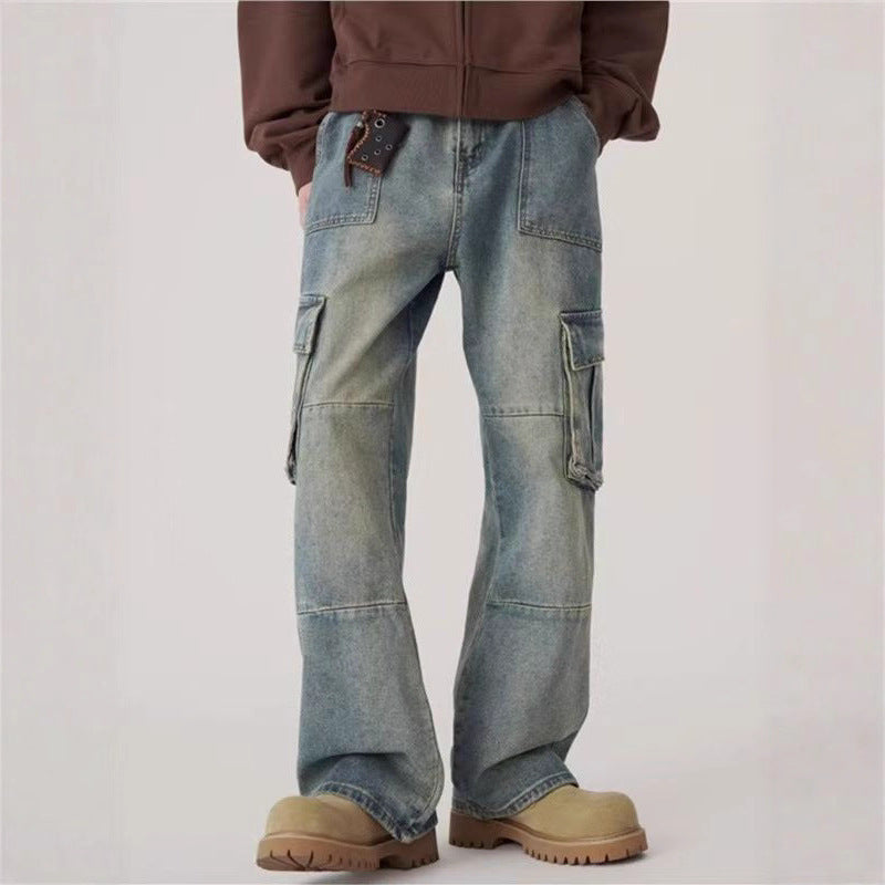 Spring and Autumn Fashion Hip-Hop Loose Fit Cargo Denim Pants for Men, Washed Straight Leg Long Pants