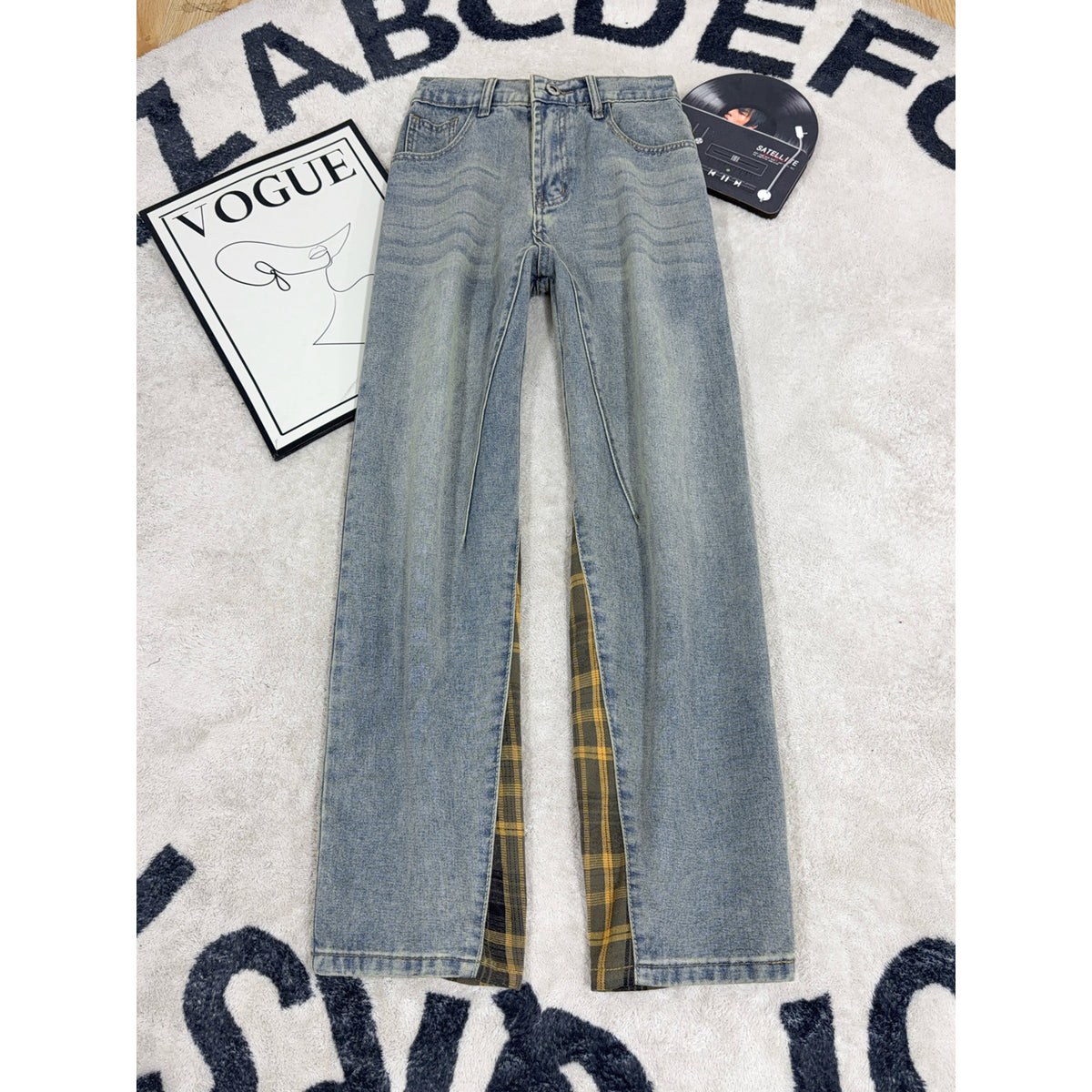 Deconstructed Plaid Patchwork Denim Pants for Men