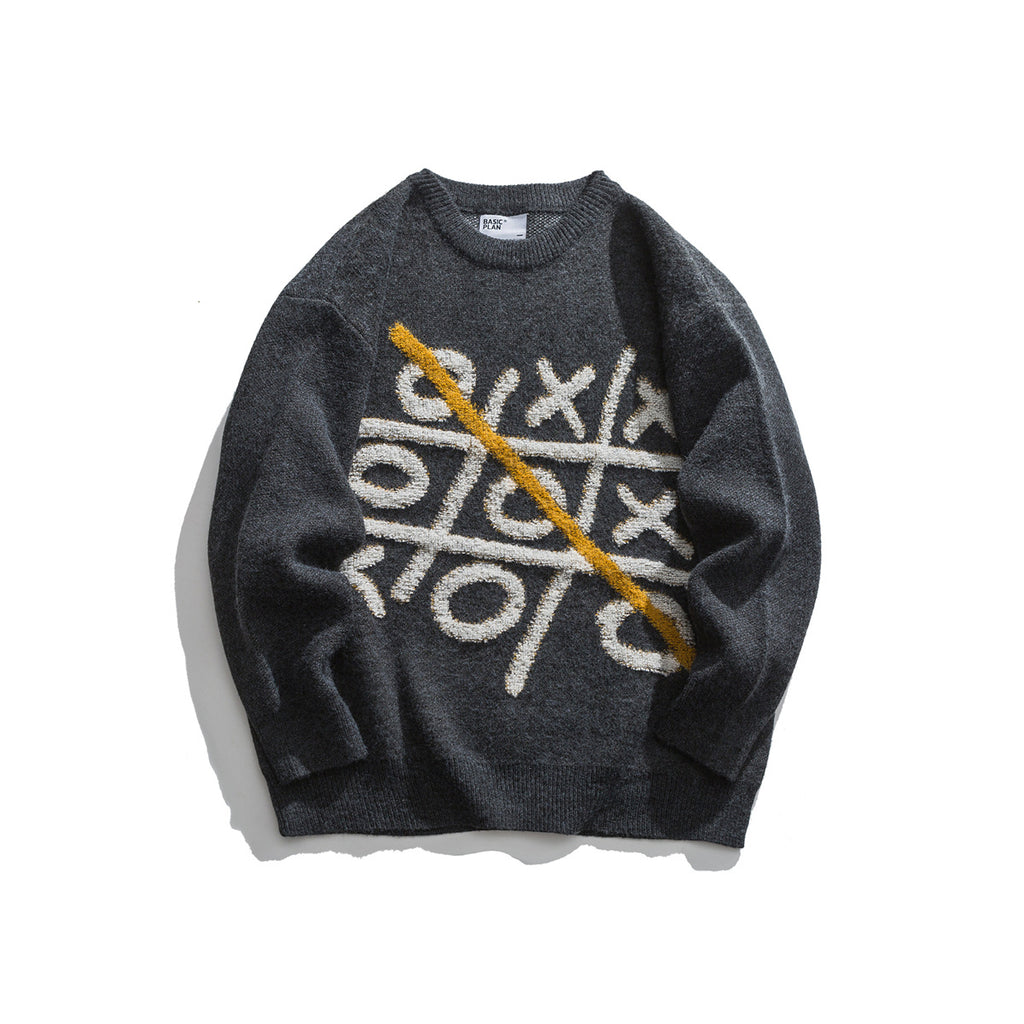 Jacquard round neck sweater loose knit sweater