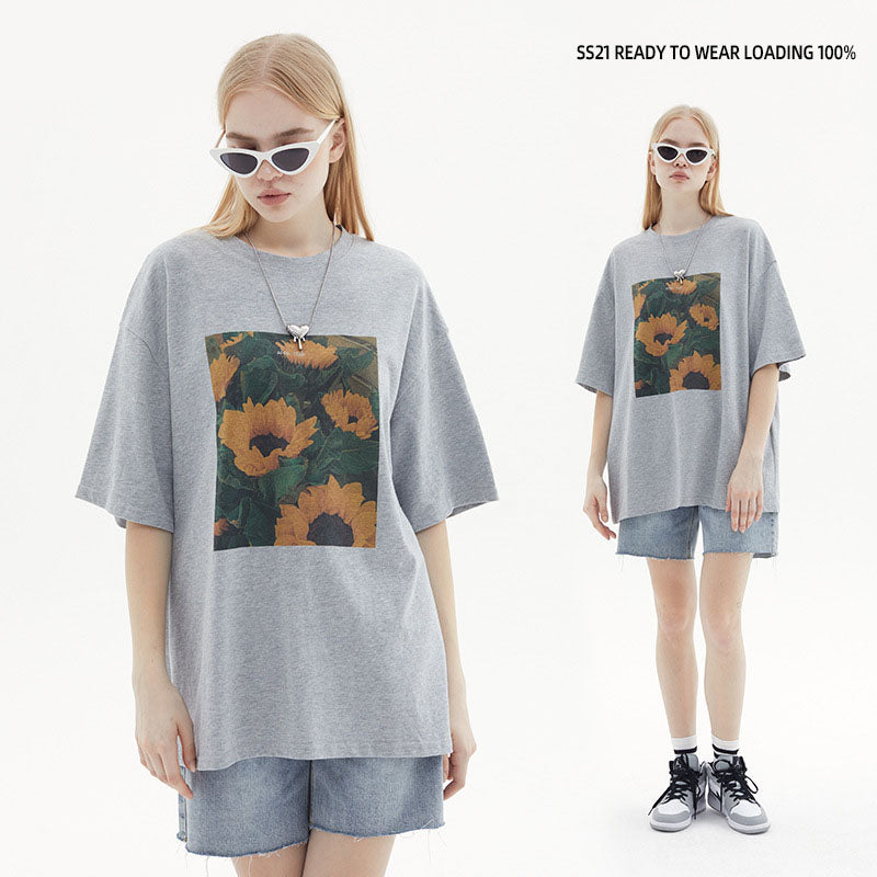 Korean Version Oversize Loose T-Shirt Women's Sunflower Print Couples T-Shirt Summer Ins Trend