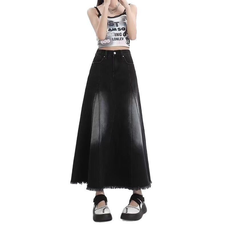 denim A-line midi skirt for women