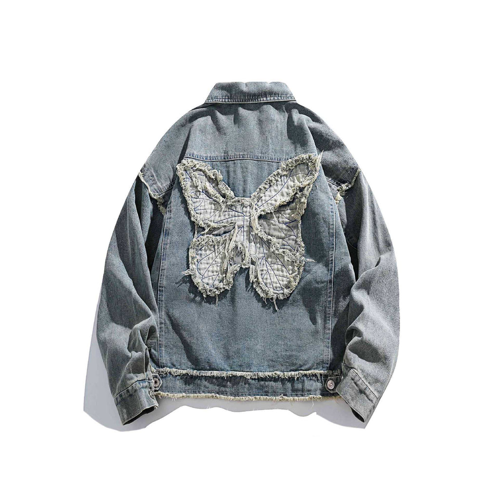 Patchwork Butterfly Frayed Edge Short Denim Jacket for Men