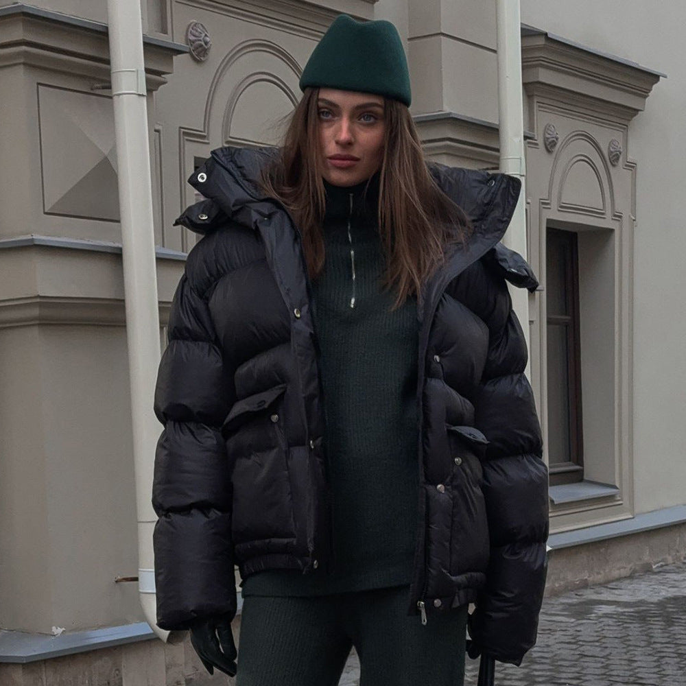 Square pocket cotton jacket warm hooded cotton jacket for women