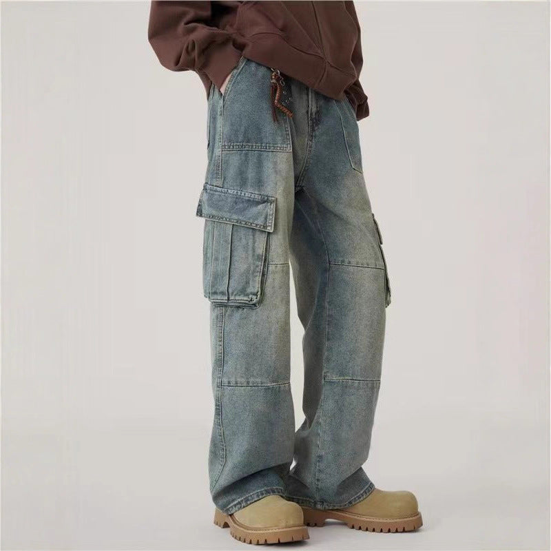 Spring and Autumn Fashion Hip-Hop Loose Fit Cargo Denim Pants for Men, Washed Straight Leg Long Pants
