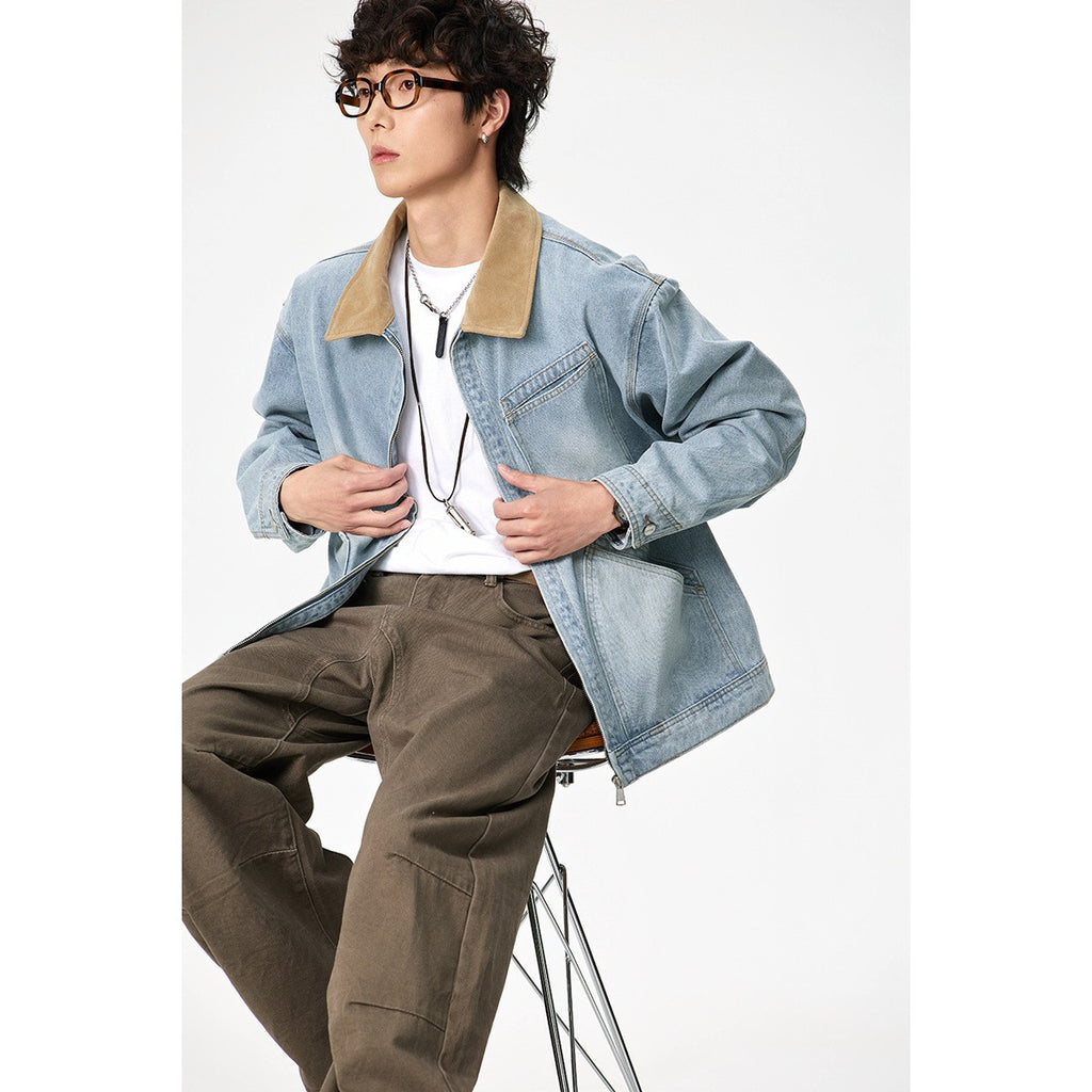 Collar Denim Jacket for Men Casual Washed Ice Blue Denim Coat