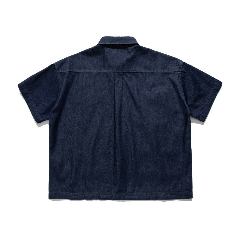 Old patch bag Cuban collar loose workwear denim shirt for men