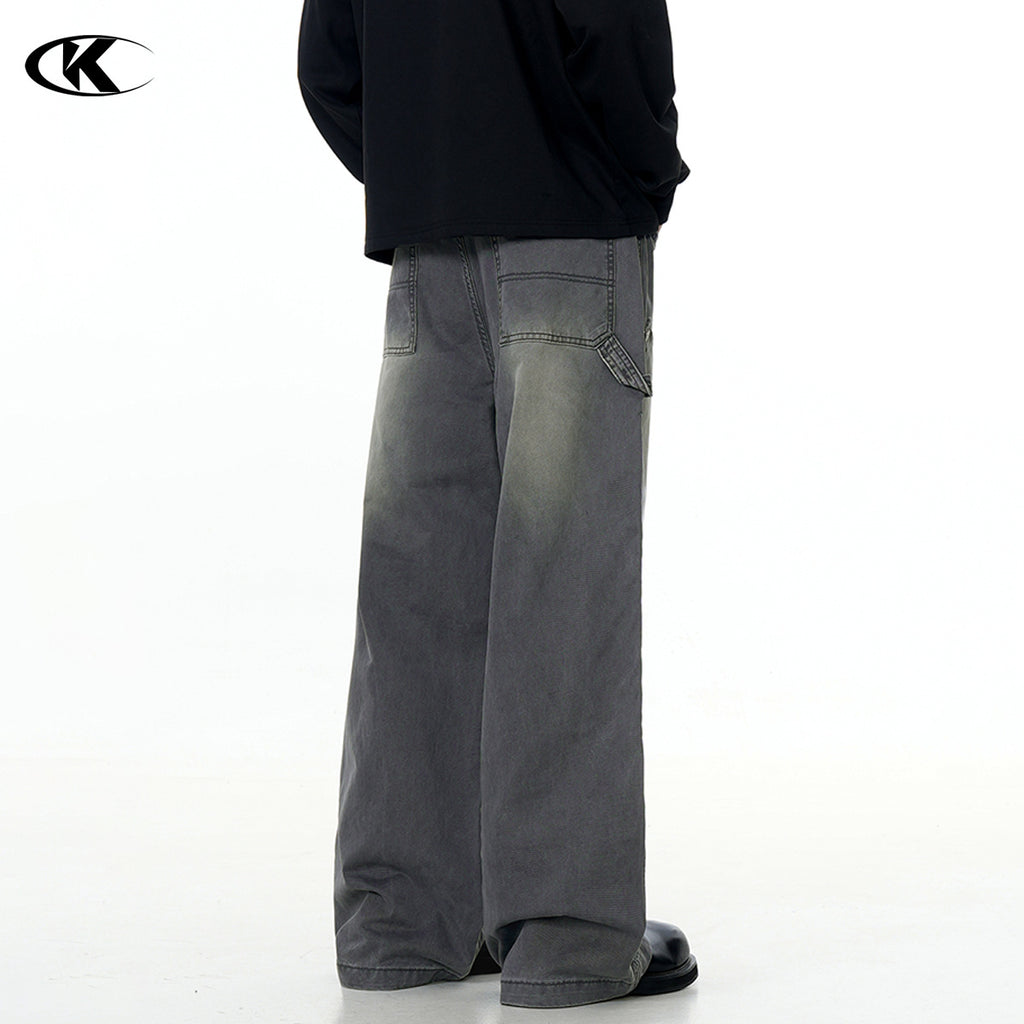 Carpenter Work Pants for Men and Women Vintage Washed Distressed Riveted Denim Loose Straight Leg Long Trousers