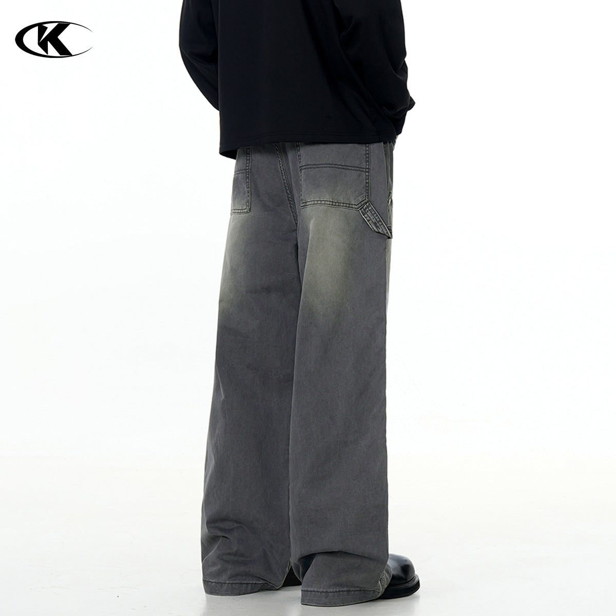 Carpenter Work Pants for Men and Women Vintage Washed Distressed Riveted Denim Loose Straight Leg Long Trousers