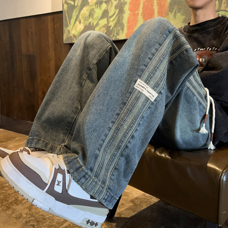 Striped Denim Pants Men Autumn Winter Trendy Style Wide Leg Loose Straight Cut Washed Casual Trousers