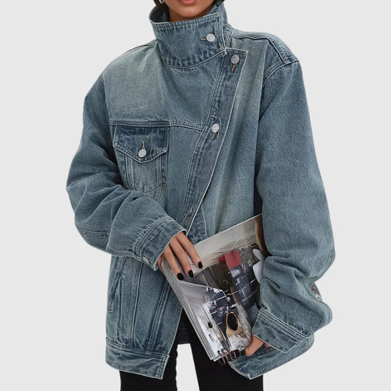 Irregular washed denim jacket loose short style lapel top for men and women