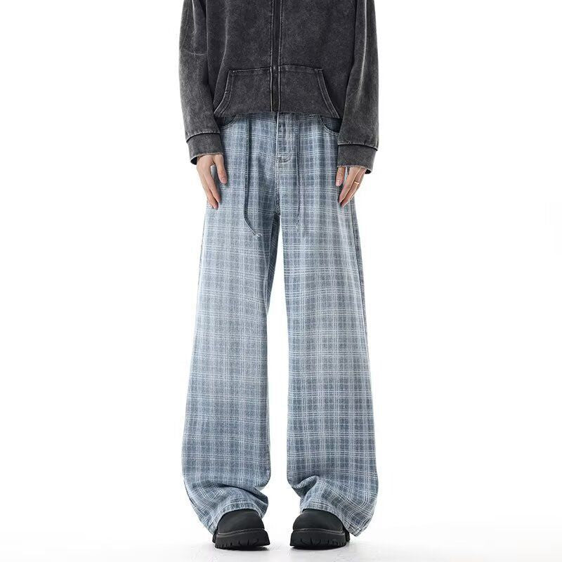 Blue Checkered Denim Pants Men Spring Autumn Lightweight Streetwear Style High-Waisted Casual Flared Bottoms